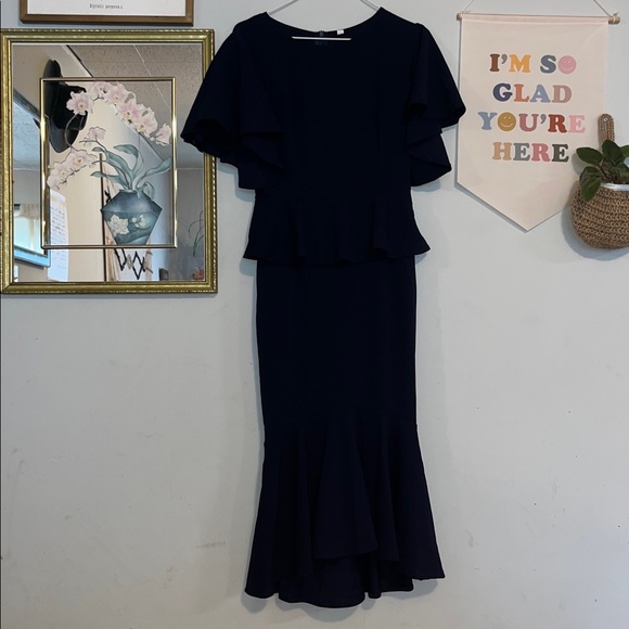NWOT Elegant Navy Blue Ruffle Short Sleeve Fishtail Peplum Midi Dress Small - Picture 2 of 16